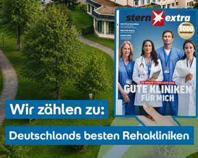 Das Bild zeigt ein Krankenhausgelände mit Bäumen und Wegen. Im Vordergrund ist eine Zeitschrift mit dem Titel "Gute Kliniken für mich" abgebildet.