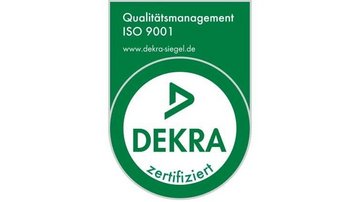 DEKRA-Zertifikat für Qualitätsmanagement nach ISO 9001, mit dem Logo und der Website-Adresse.