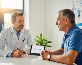 Ein Arzt im weißen Kittel spricht mit einem Patienten am Tisch, während ein Tablet zwischen ihnen steht. Im Hintergrund sind medizinische Poster sichtbar.