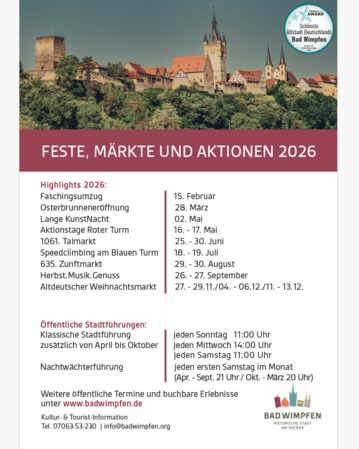 Feste, Märkte und Aktionen 2026 in Bad Wimpfen, einschließlich Termine für Veranstaltungen und Stadtführungen.