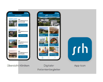Zwei Smartphones zeigen die SRH-App mit Klinikübersicht und digitalen Patientenbegleitern. Rechts das SRH-App-Icon.
