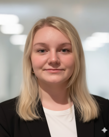 Junge Frau mit blonden Haaren, die einen schwarzen Blazer trägt, schaut direkt in die Kamera. Heller, unscharfer Hintergrund.