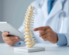 Ein Arzt zeigt auf ein Modell der Wirbelsäule, während er ein Tablet in der anderen Hand hält.