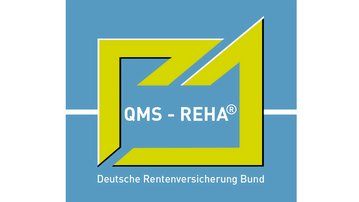 QMS - REHA® Logo der Deutschen Rentenversicherung Bund, bestehend aus einem stilisierten, gelben und blauen Design mit dem Schriftzug "QMS - REHA" und einem grafischen Element.
